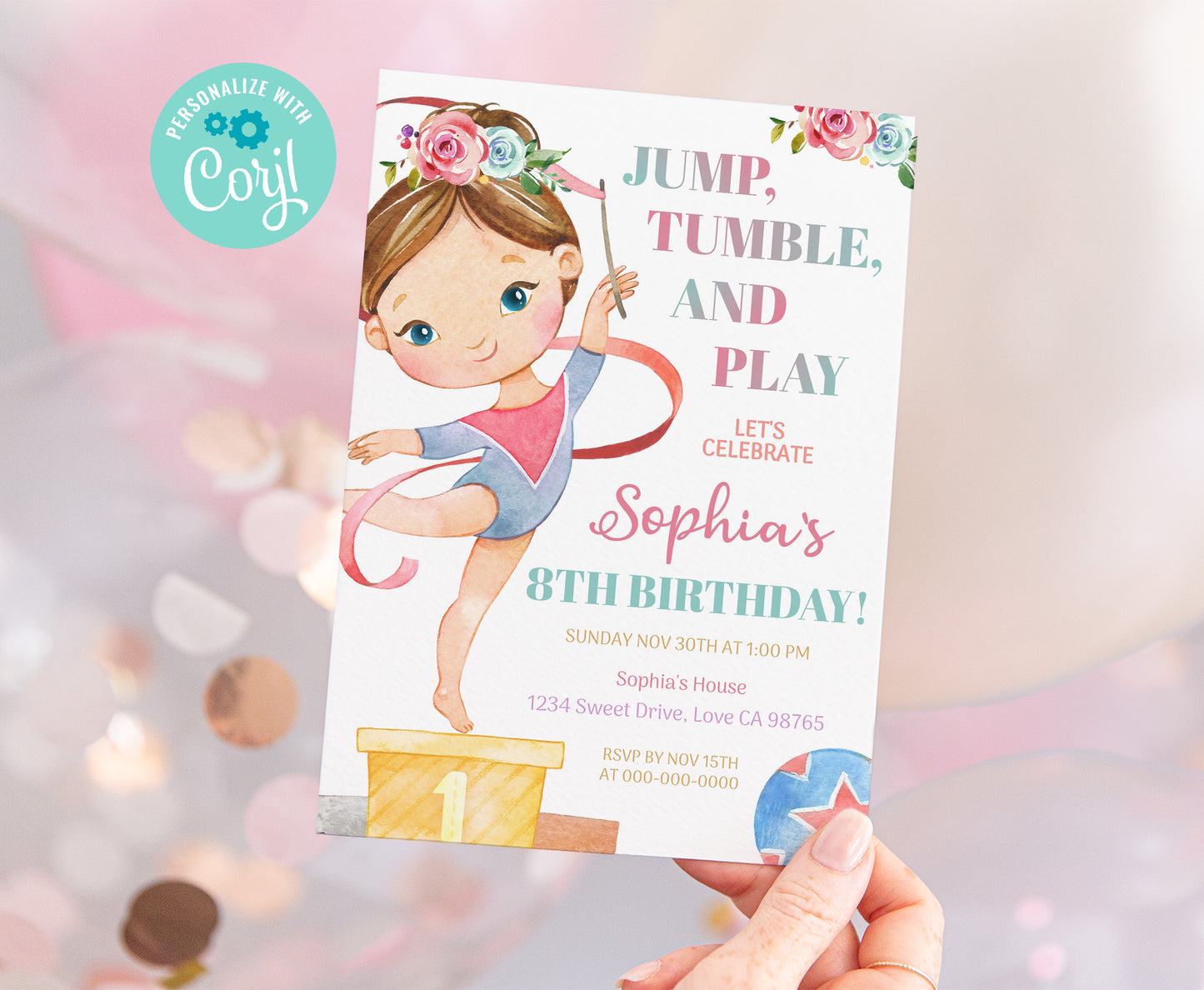 Editable Gymnastic Birthday Invitation Girl | Floral Gymnastic Party Invite - 99A