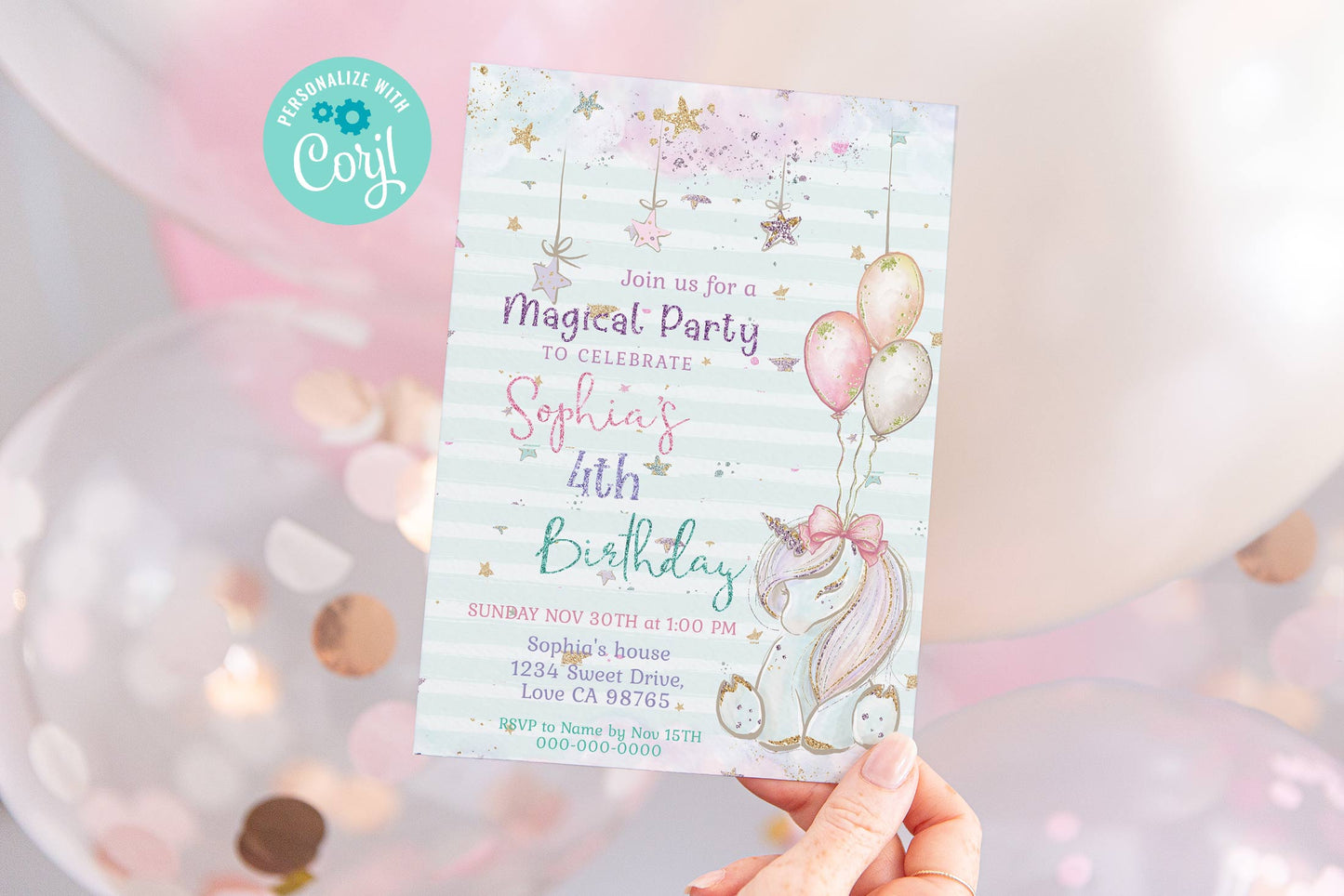 EDITABLE Unicorn Birthday Party Invitation - 45A