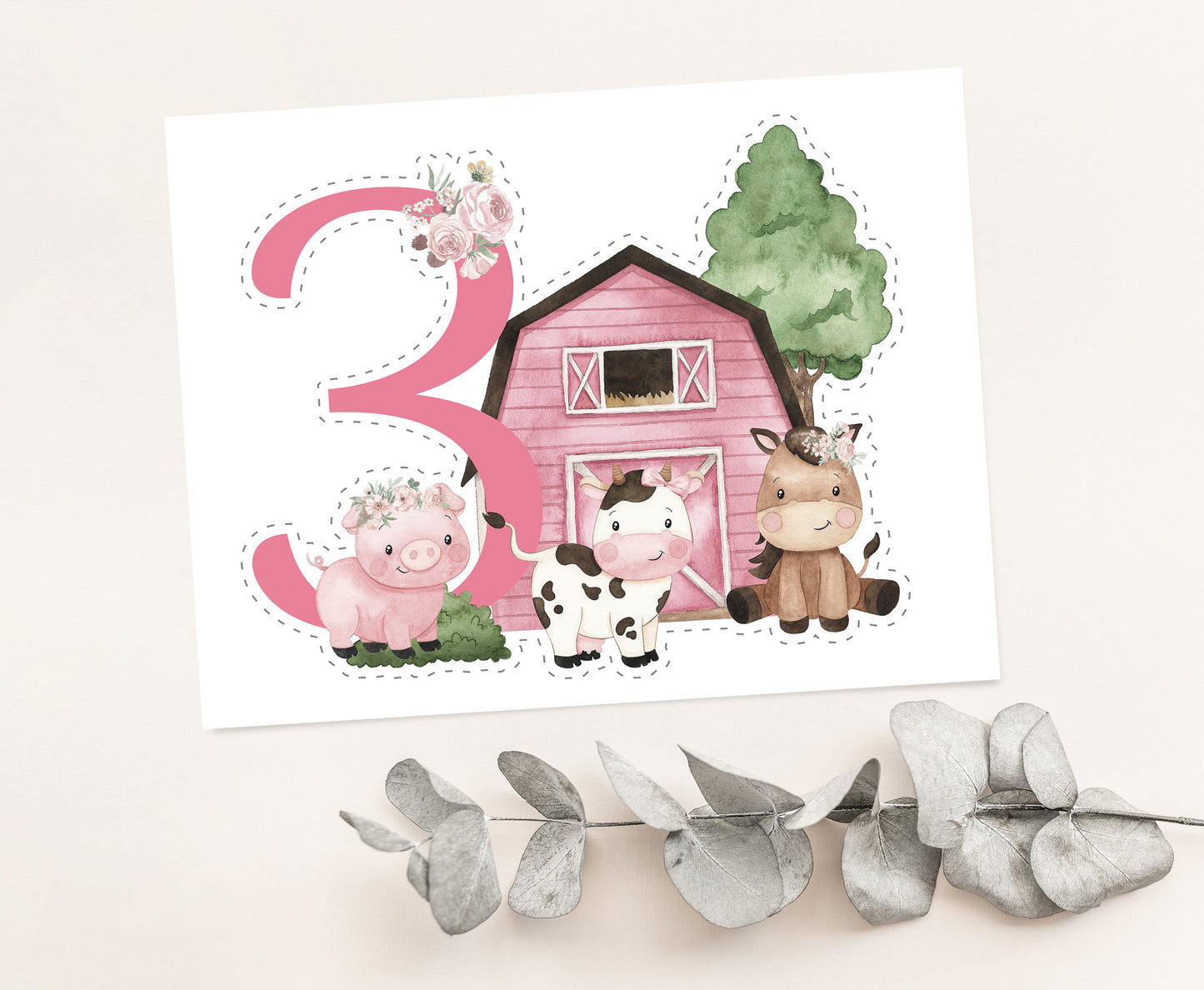 Girl Farm Cake topper 3 | Pink Barnyard Third Birthday Party Decorations - 11A