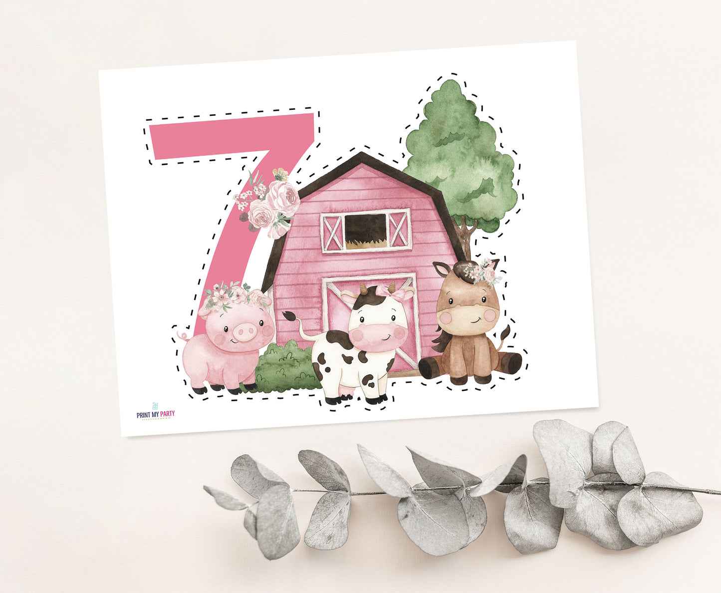 Girl farm Cake topper 7 | Pink Barnyard 7th Birthday Party Decorations - 11A