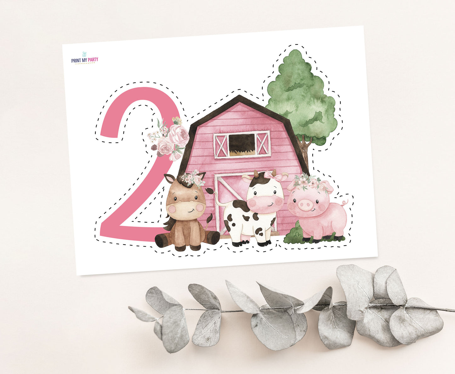 Girl Farm Cake topper | Pink Barnyard 2nd Birthday Party Decorations - 11A
