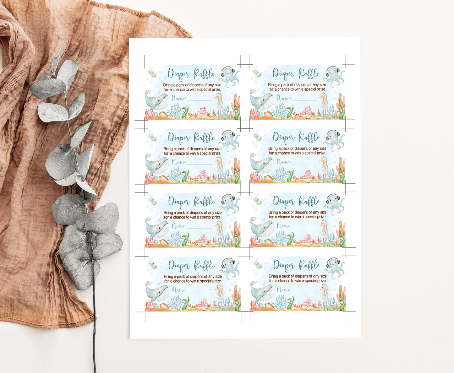Under The Sea Diaper Raffle Sign and Ticket Card | Ocean Baby Shower Game Printable - 44A