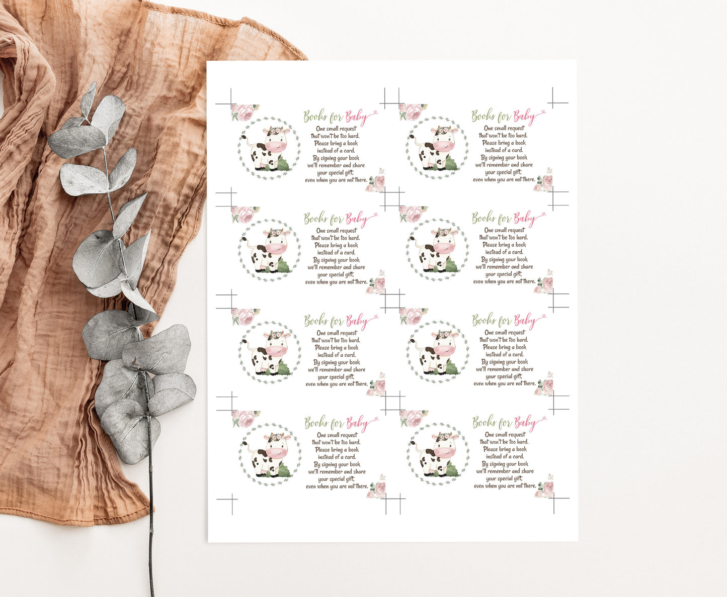 Cow Books For Baby Request Card | Girl Farm Baby Shower Invitation insert - 11A