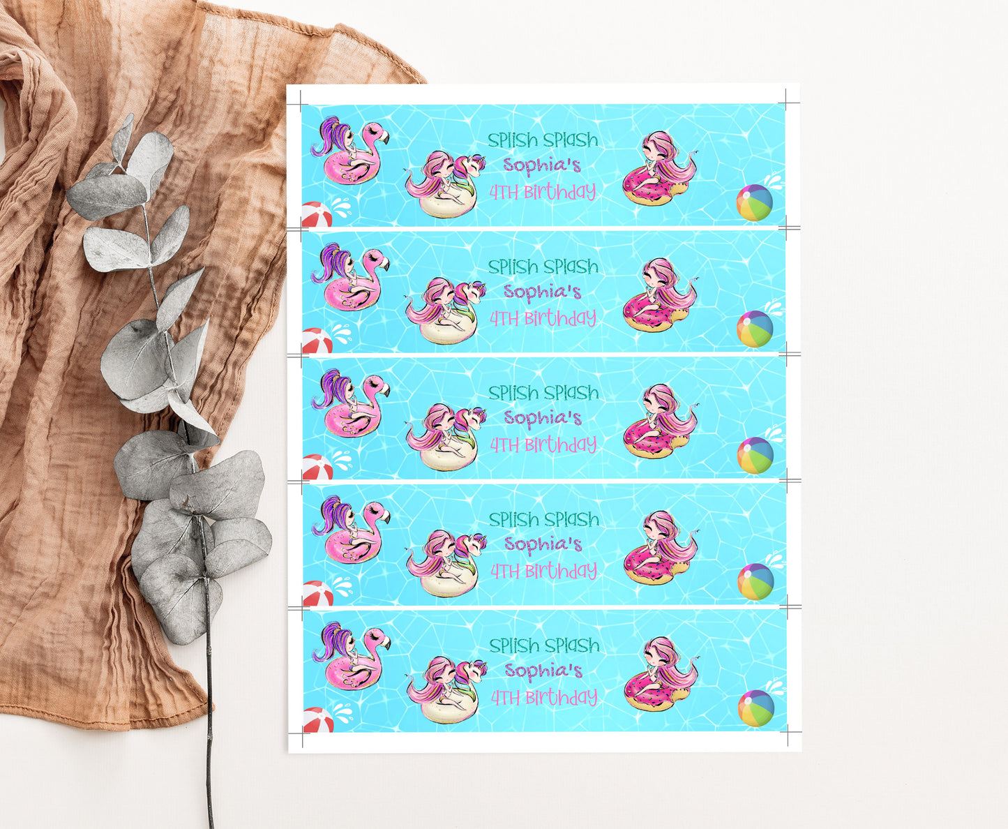 Editable Pool Party Water Bottle Labels | Summer Birthday Party Decoration - 40C