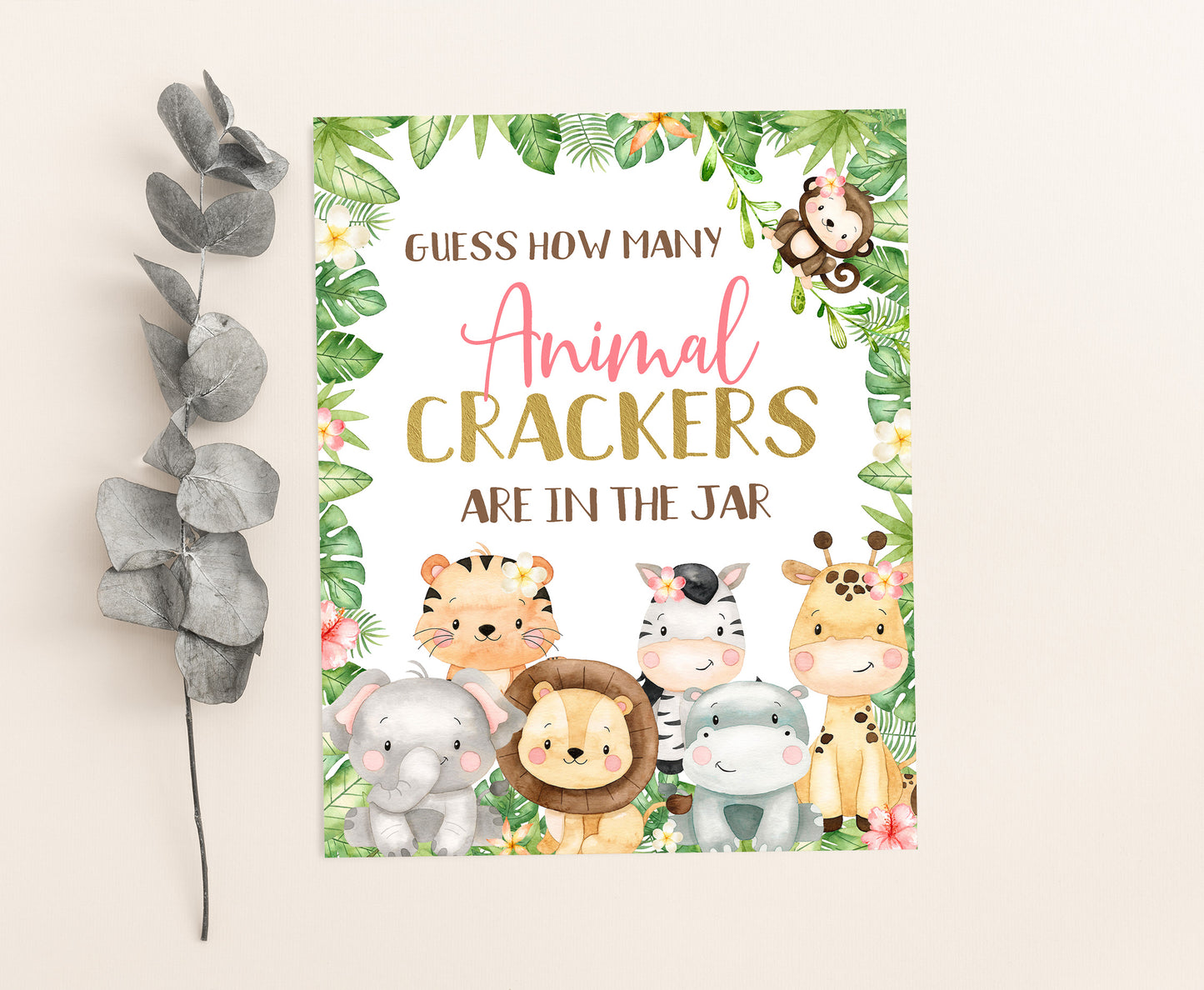 Guess How Many Animal Crackers Sign and Cards | Girl Safari Baby Shower Game - 35E