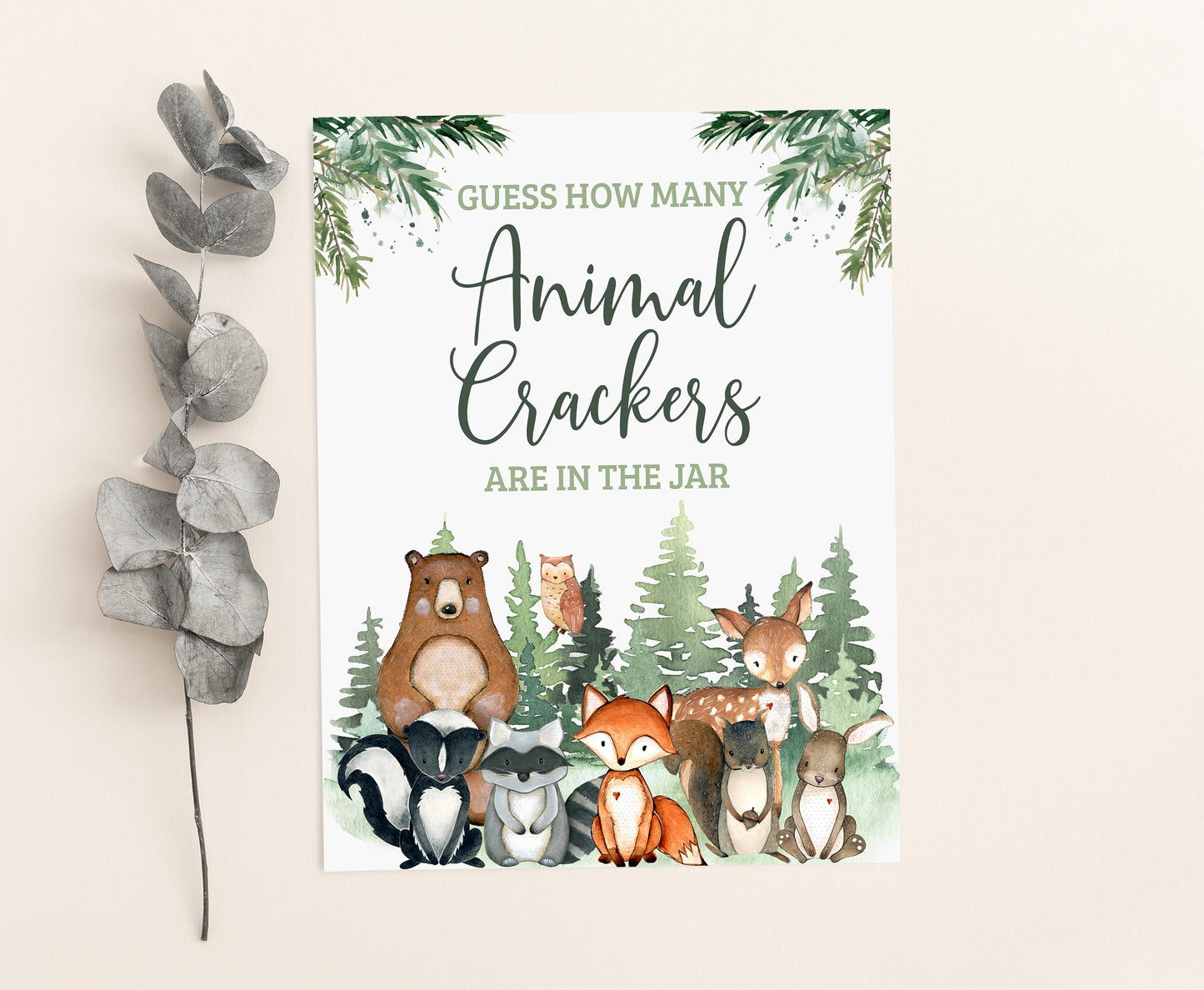 Guess How Many Animal Crackers Sign and Cards | Woodland Party Game - 47J2