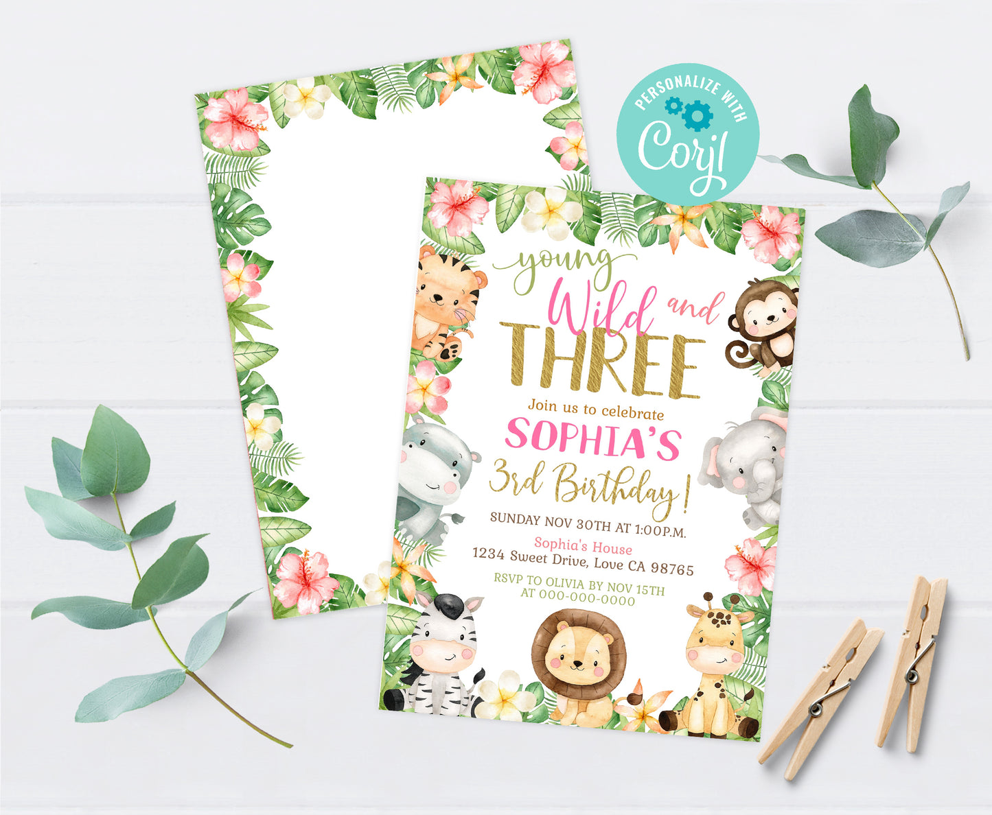 Young Wild and Three Invitation | Editable Girl Safari Birthday Party Invite - 35E