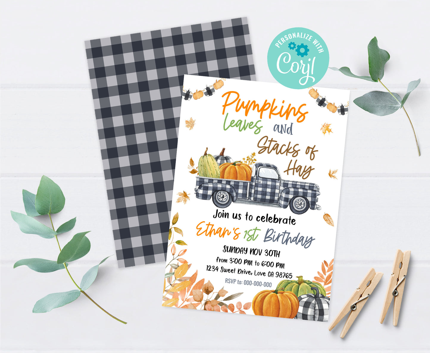 Pumpkin Truck Invitation | Editable Pumpkin Birthday Party - 30K