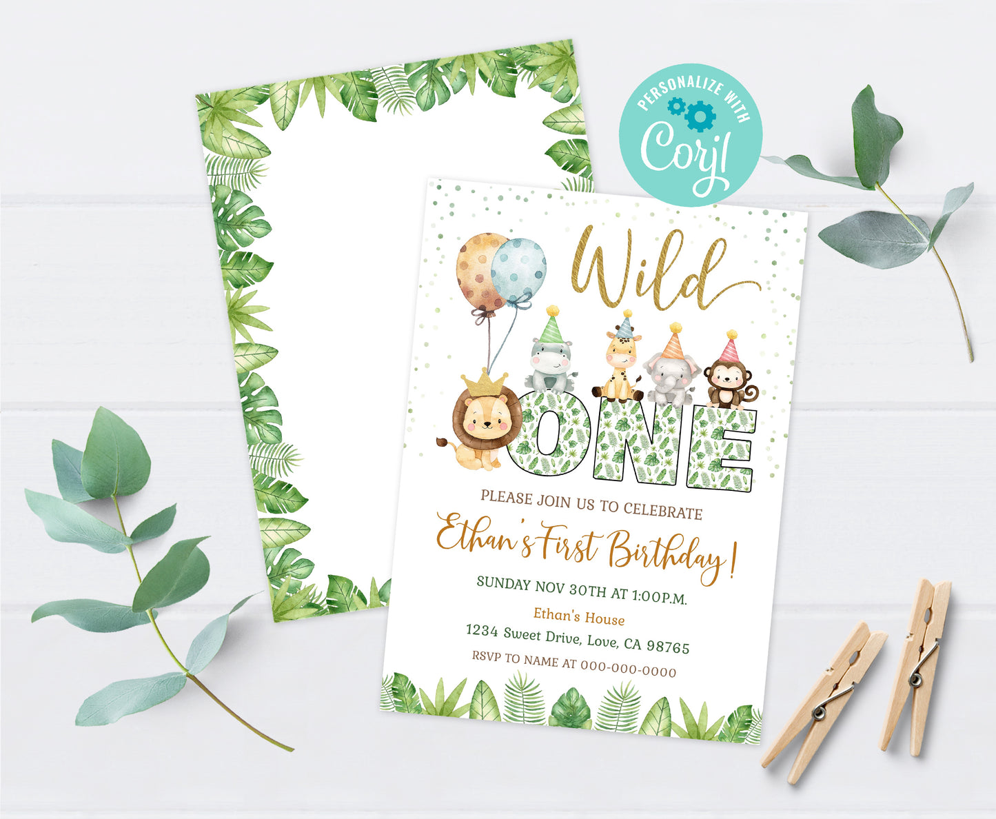 ONE Safari Birthday Invitation | Jungle Themed Party Invite - 35E