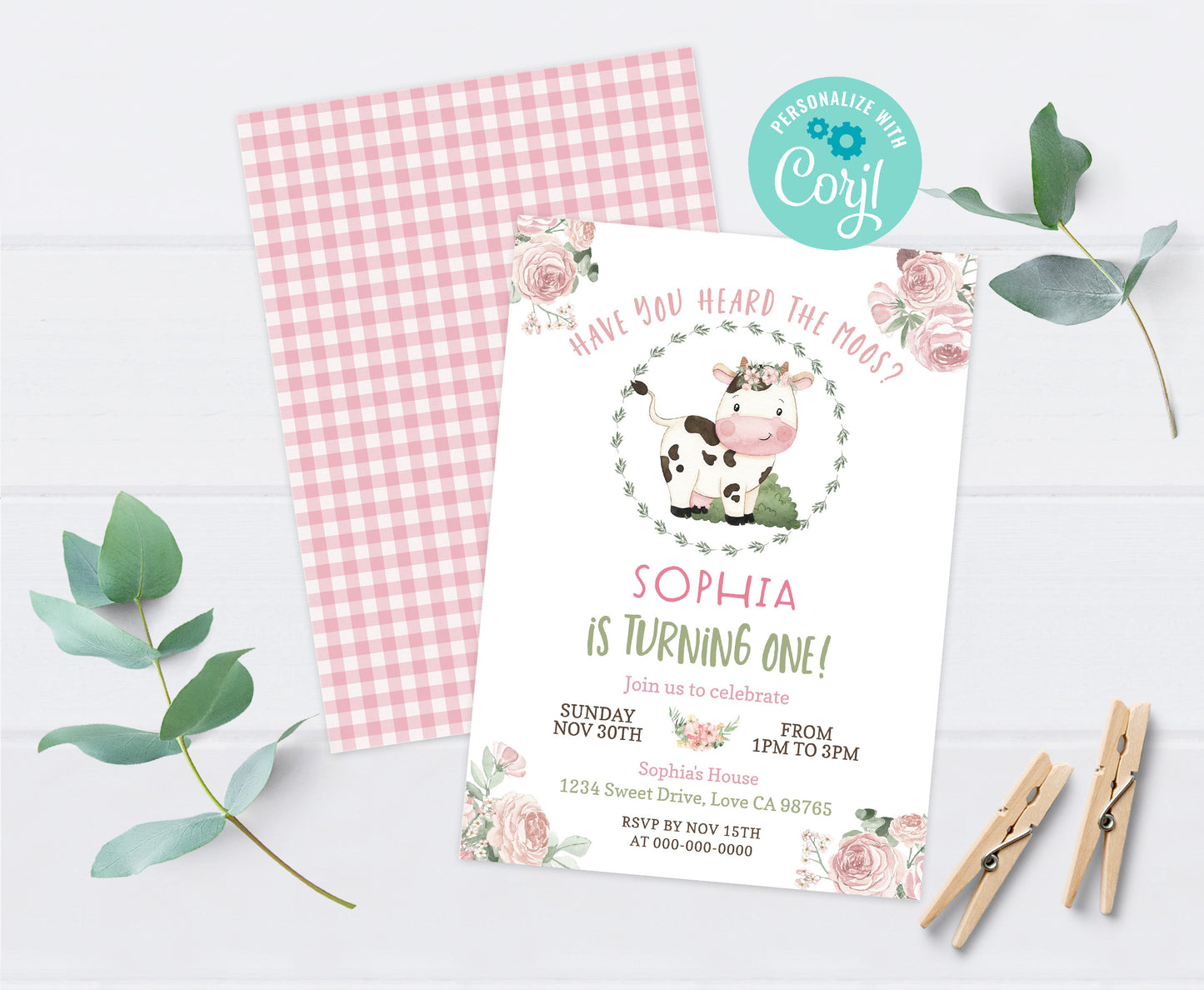 Girl Cow First Birthday Invitation | Editable Floral Farm Party Invite - 11A