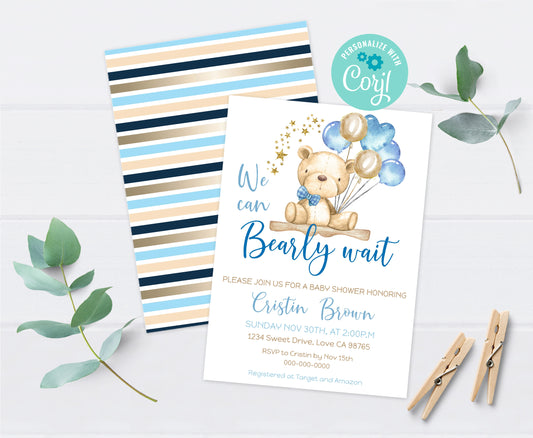 Gold and Blue Teddy Bear Baby Shower Invitation - 76A