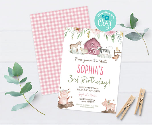 Floral Farm Birthday Invitation | Editable Girl Barnyard Bash Invite - 11B