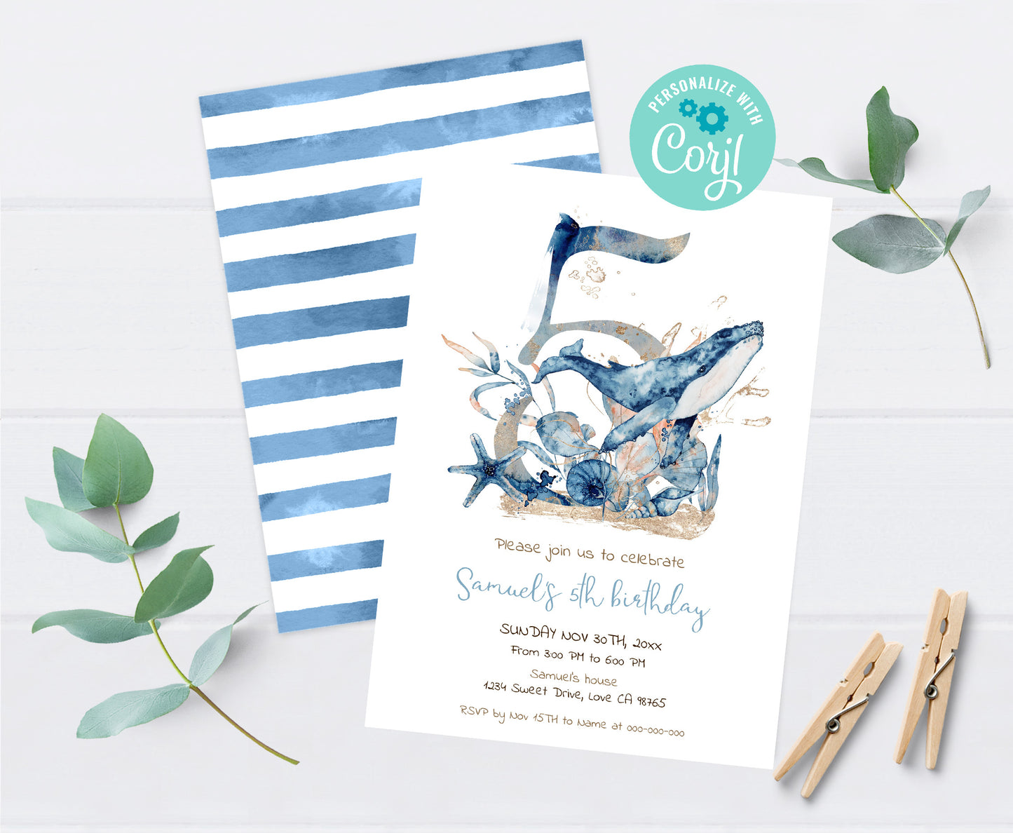 Whale Fifth birthday Invitation | Editable Under the sea Invite - 44C