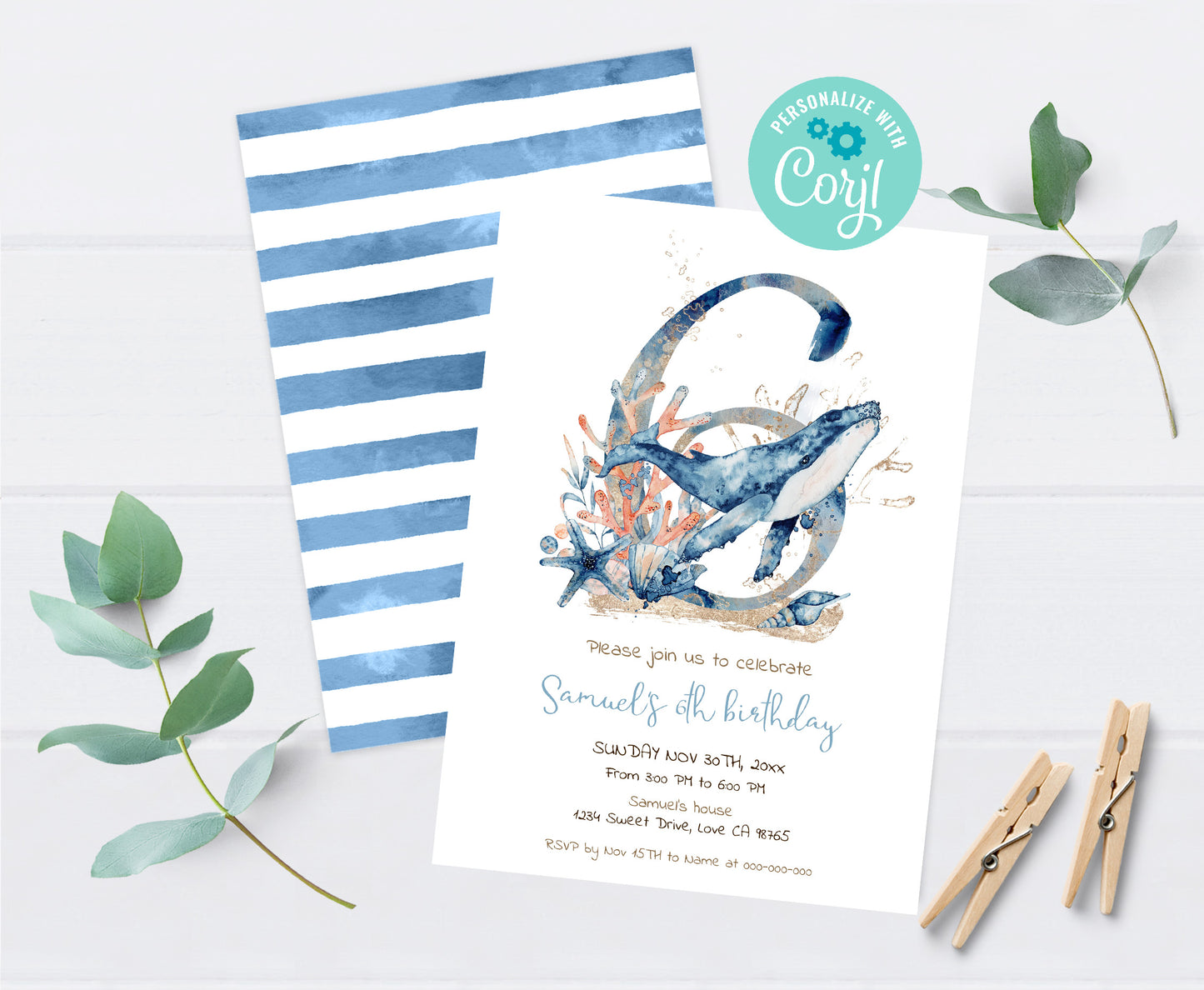 Whale Sixth birthday Invitation | Editable Under the sea invite - 44C