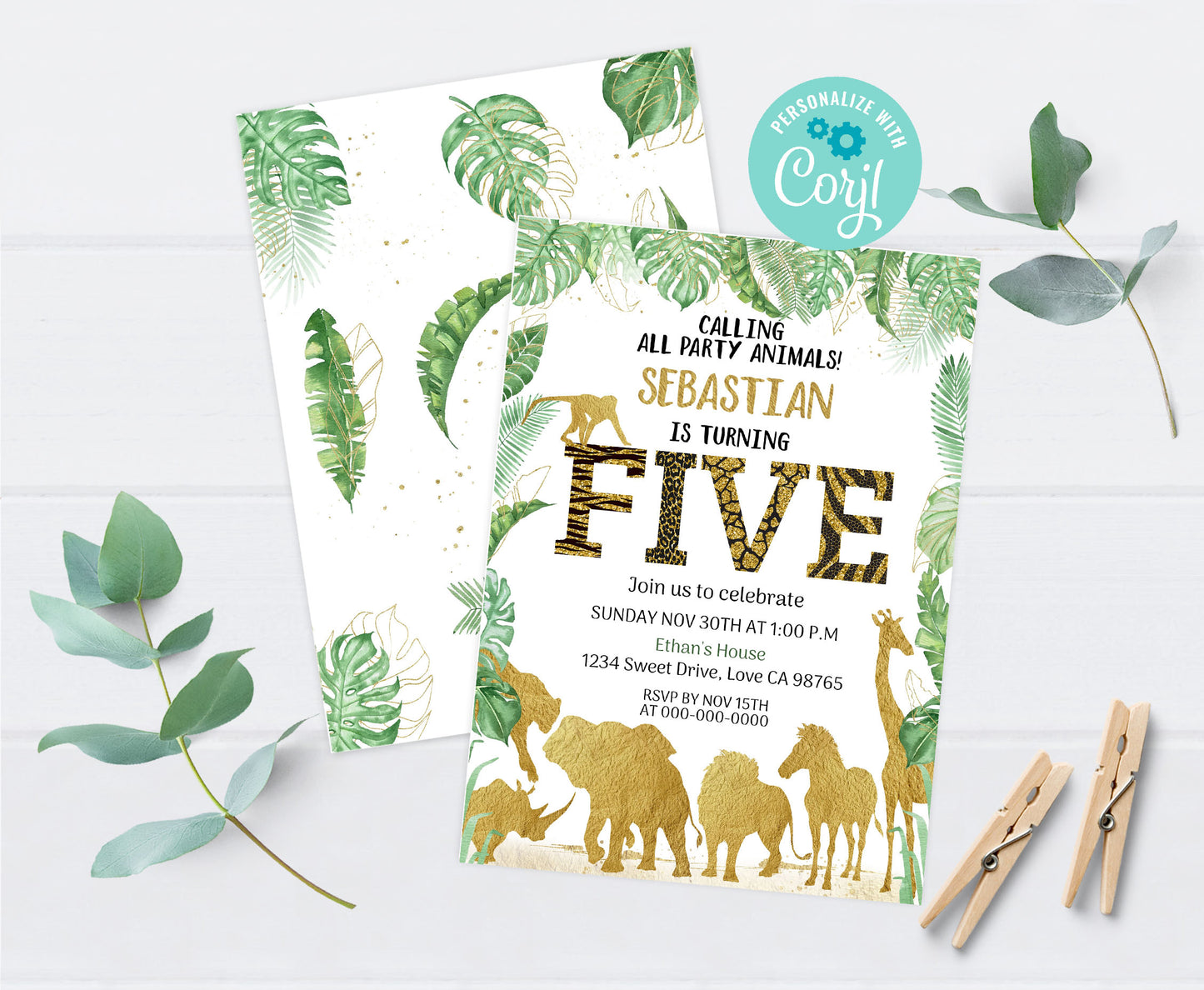 Gold Safari Animals 5th Birthday Invitation | Editable Five Birthday Invite - 35K