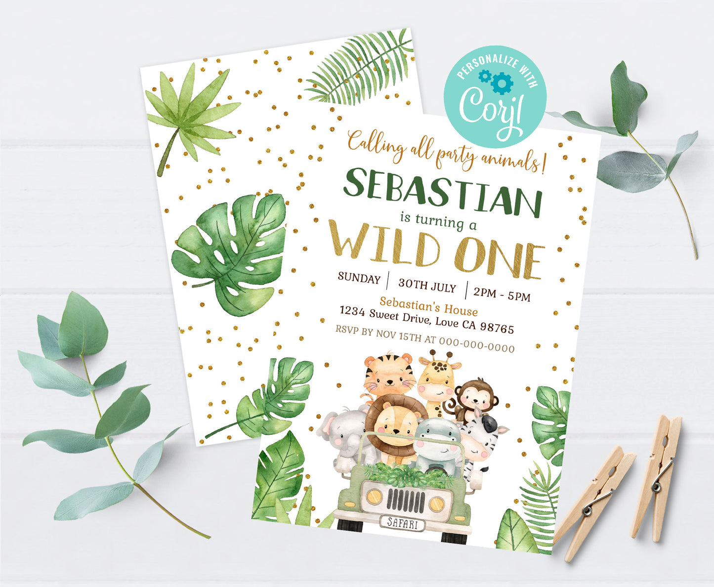 Wild One Safari Birthday Invitation | Editable SafariParty Invite - 35E