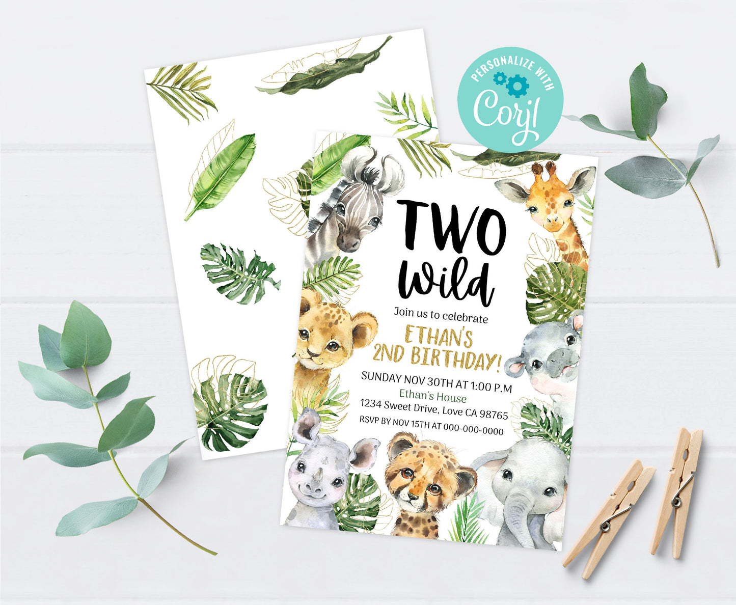 Two Wild Safari Invitation | Editable Jungle Animals 2nd Birthday Invite - 35A