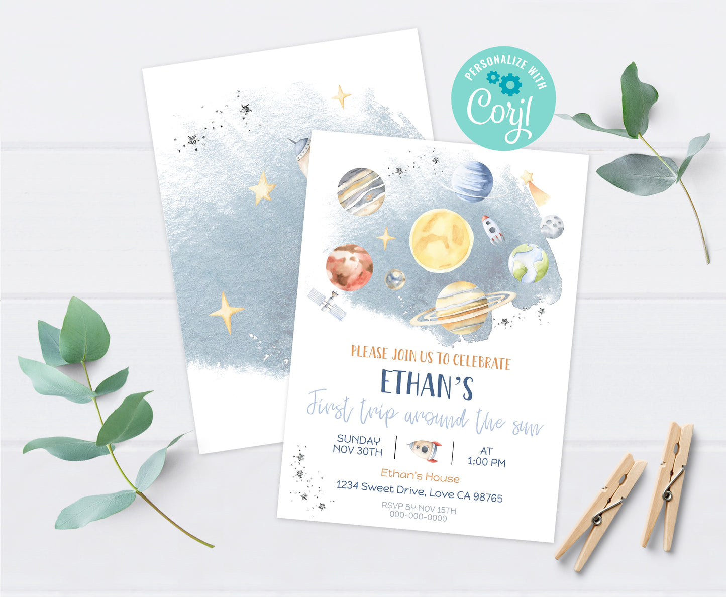 Outer Space First Birthday Invitation | Galaxy Birthday Party Invite - 39B