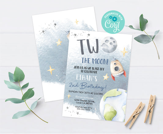 TWO The Moon Birthday Invitation | Space Second Birthday Party Invite - 39B