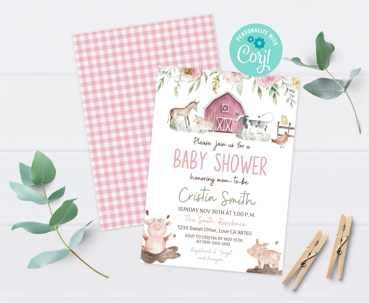 Floral Farm Baby Shower Invitation | Editable Girl Baby Shower Invite - 11B