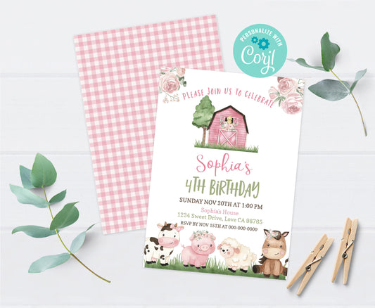 Farm Birthday Invitation Girl | Editable Barnyard Girl Party Invite - 11A