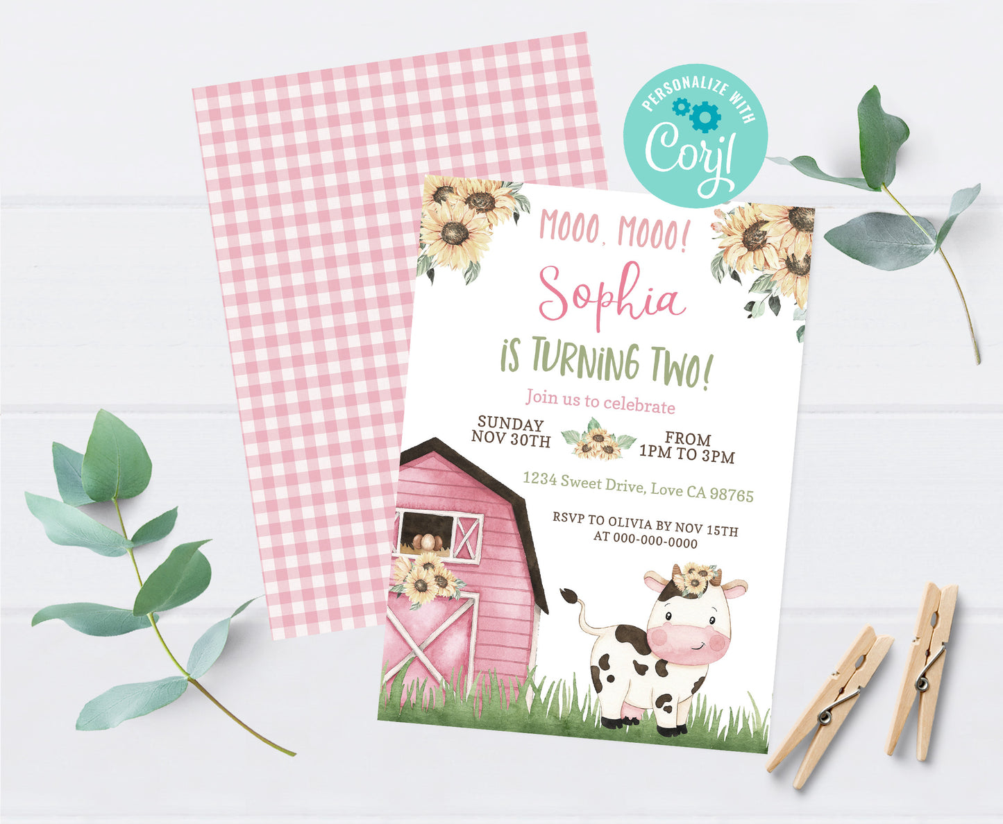 Sunflower Cow Girl Birthday Invitation | Editable Floral Farm Party Invite - 11G