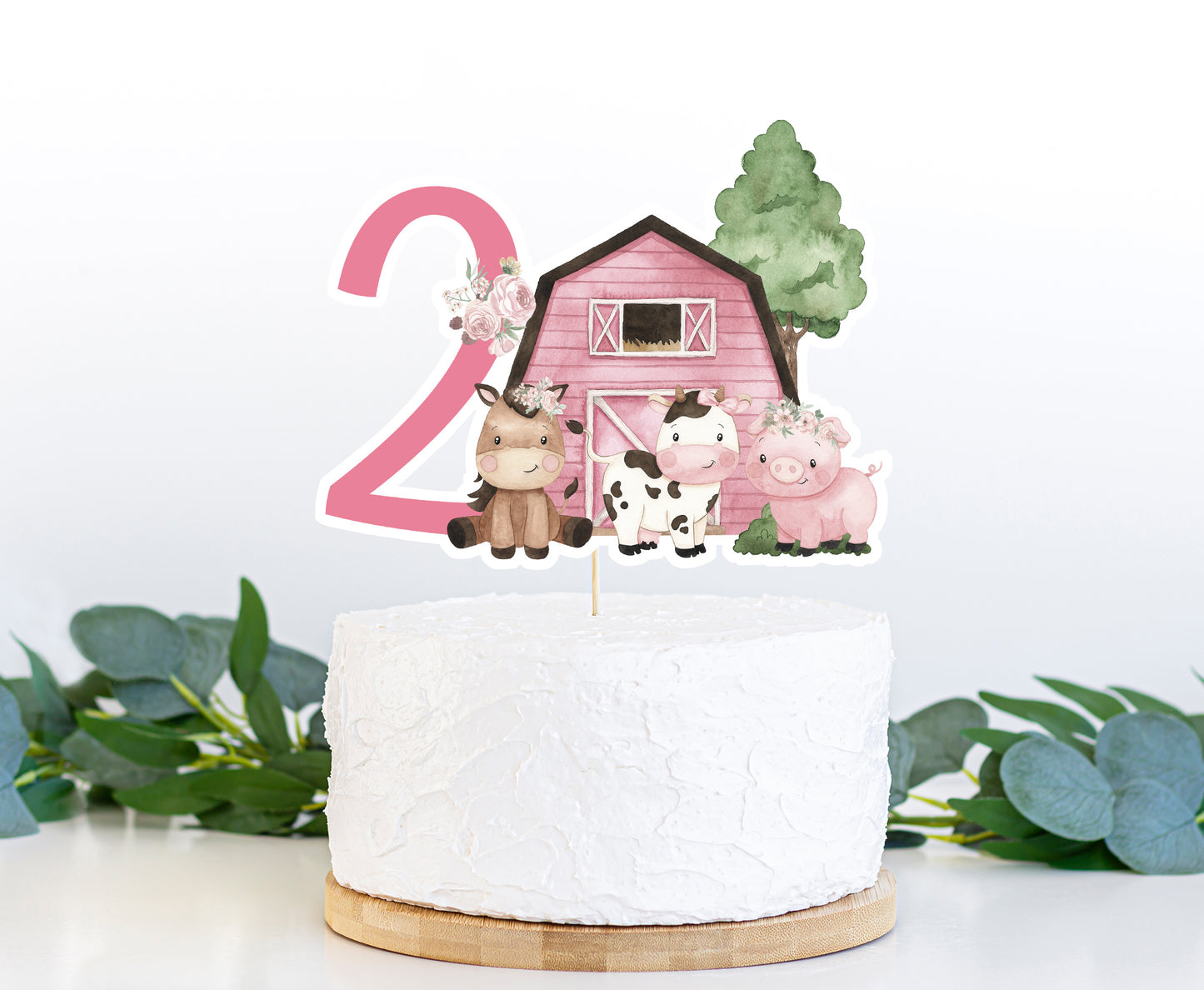 Girl Farm Cake topper | Pink Barnyard 2nd Birthday Party Decorations - 11A