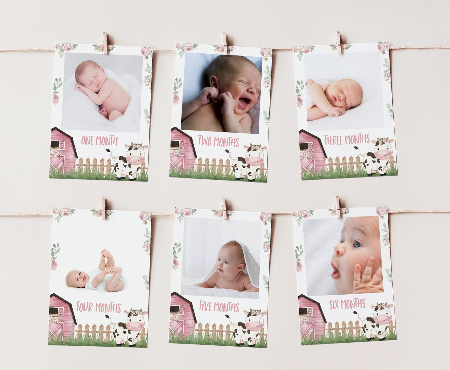 Editable Cow Monthly Photo Milestone Banner | Floral Farm 1st Birthday Decorations - 11A