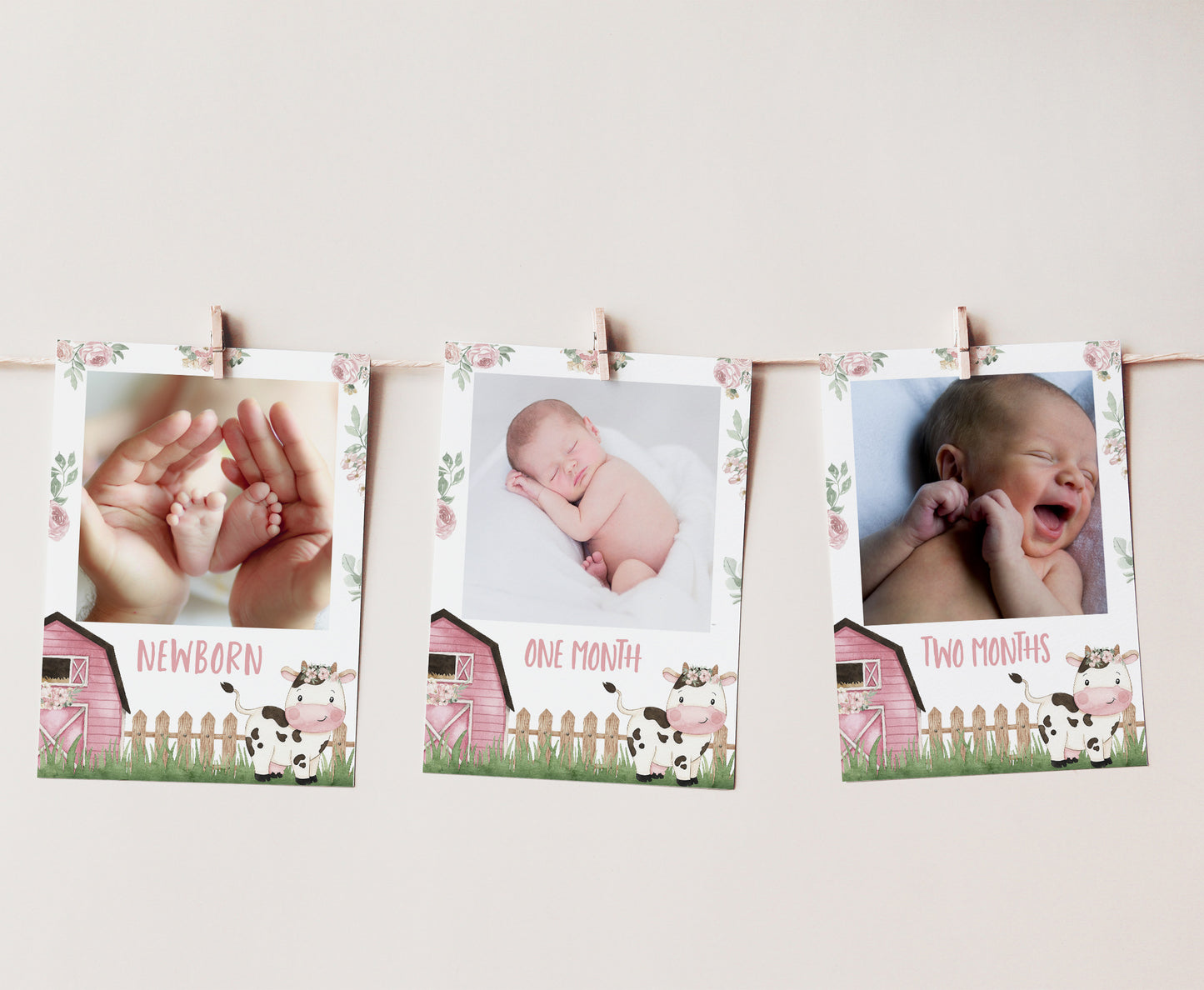 Editable Cow Monthly Photo Milestone Banner | Floral Farm 1st Birthday Decorations - 11A