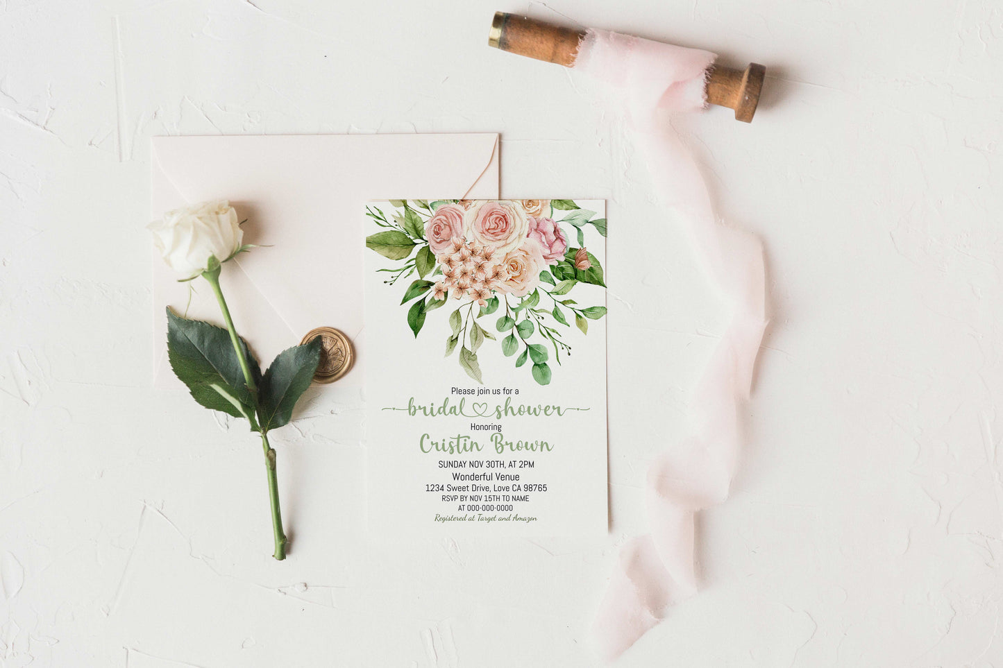 Cream and Blush Roses Bridal shower Invitation | Floral Bridal Shower Invite - 13Aw