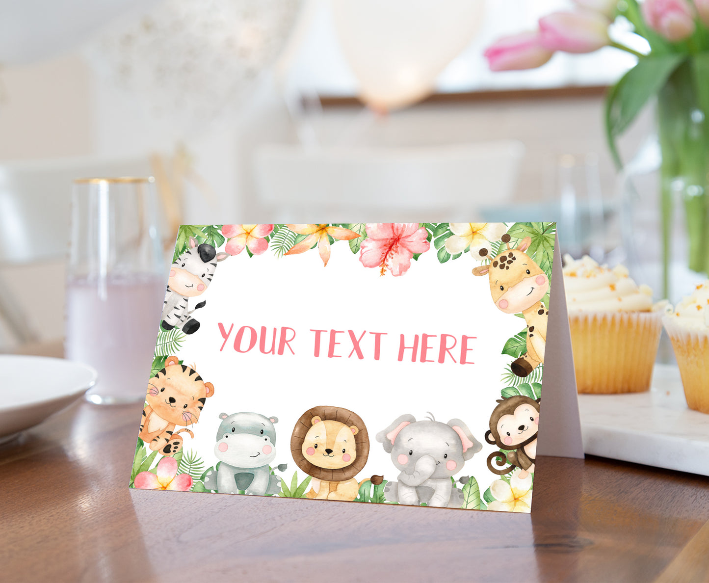 Girl Safari Animals Place Cards | Editable Jungle Party Decorations - 35E