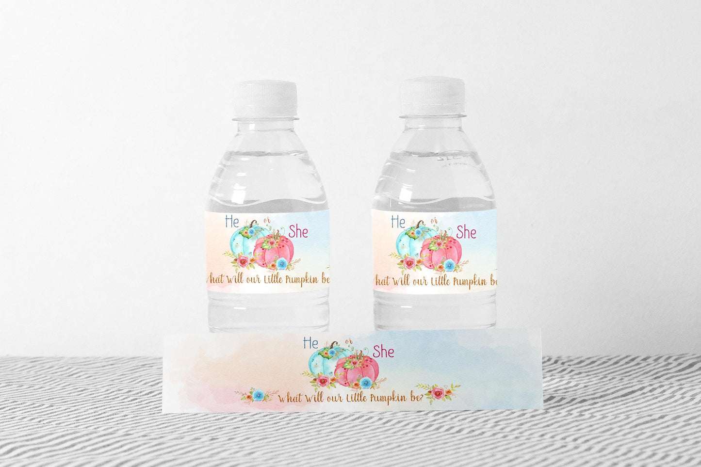Pumpkin He or She Water Bottle Labels | Fall Gender Reveal Decorations - 30A