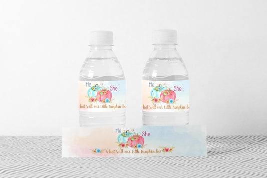 Pumpkin He or She Water Bottle Labels | Fall Gender Reveal Decorations - 30A
