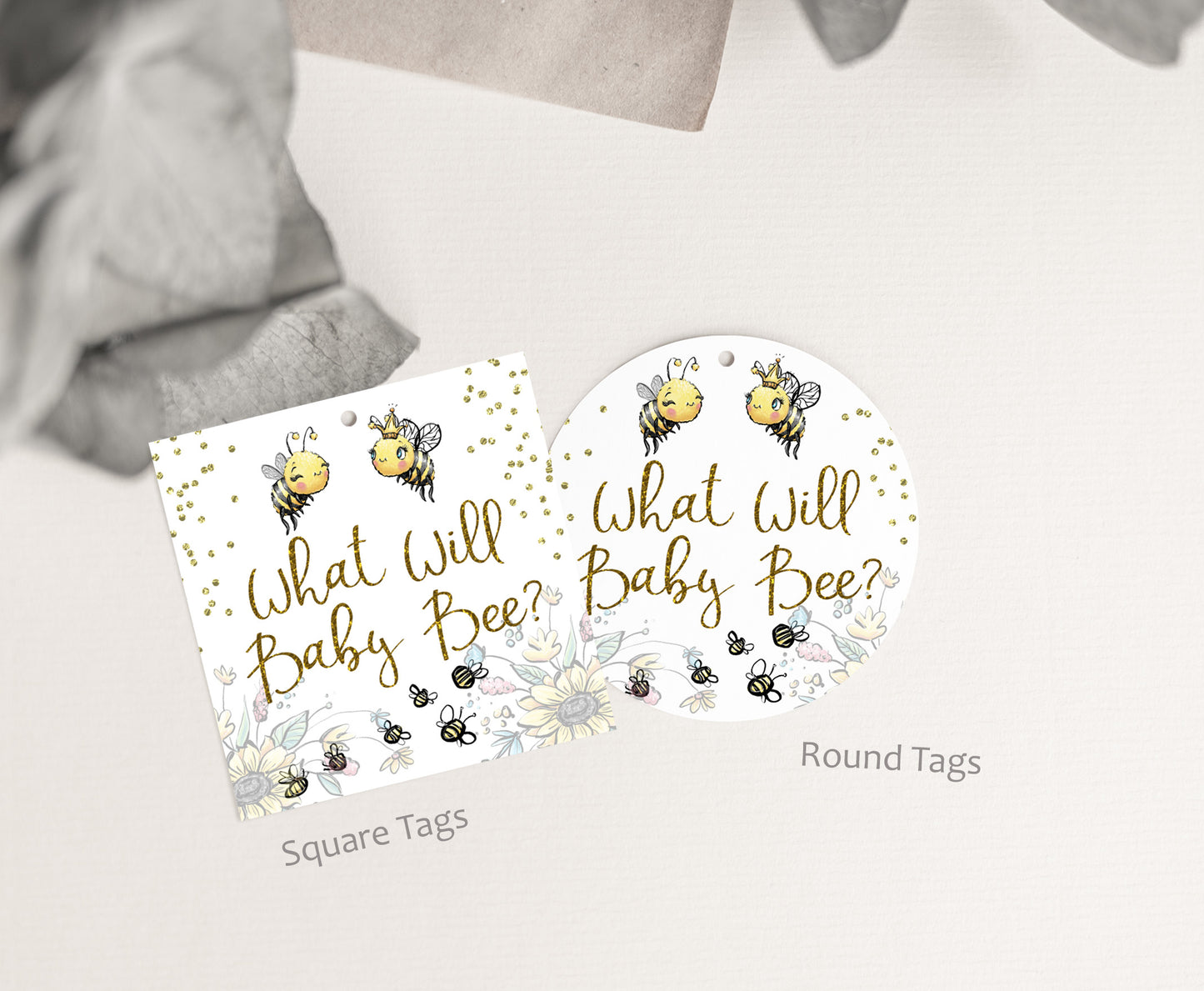 What will baby bee tags 2"x2" Square and Round | Bee Gender Reveal Decorations - 61A