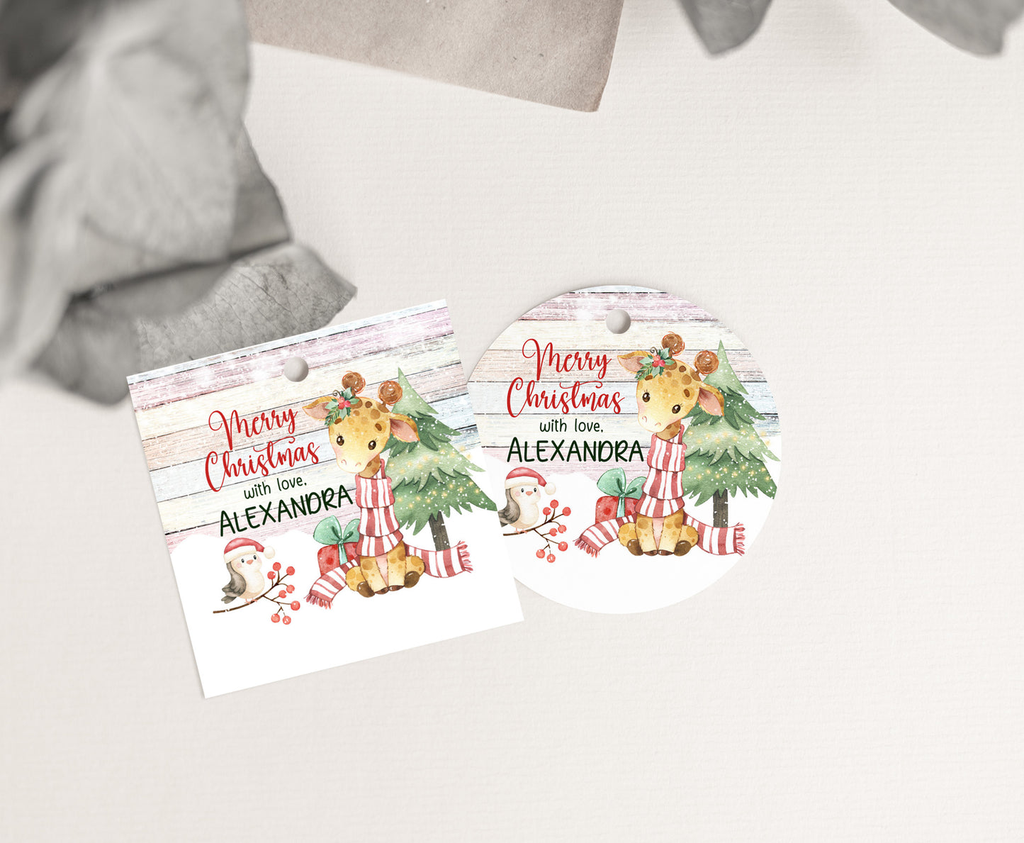 Merry Christmas  2"x2" Tag round and square | Editable Jiraffe Christmas Gift Tag - 112
