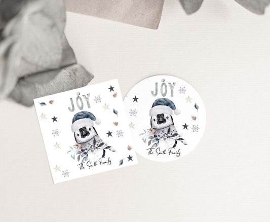 Joy Merry Christmas 2"x2" Tag | Editable Penguin Christmas Gift Tag - 112