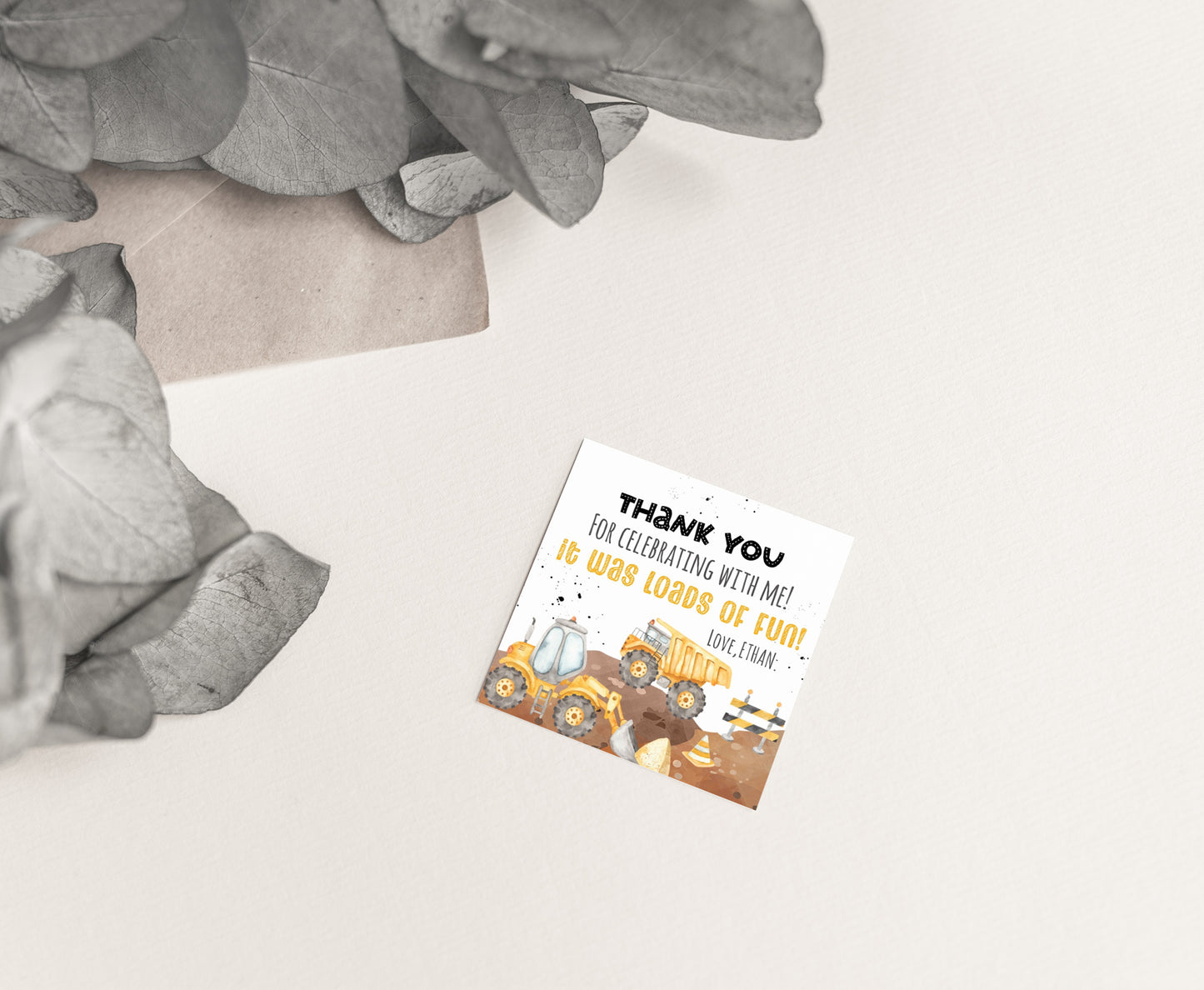 Editable Construction Thank You Tags 2"x2" | Dump Truck Birthday Party Decorations - 07A