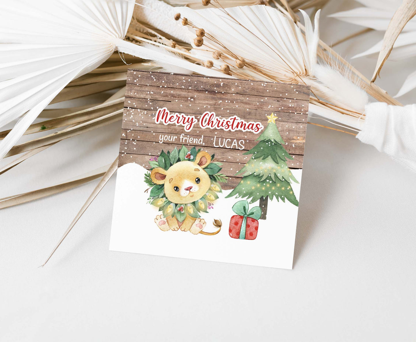 Merry Christmas  2"x2" Tag round and square | Editable Lion Christmas Gift Tag - 112