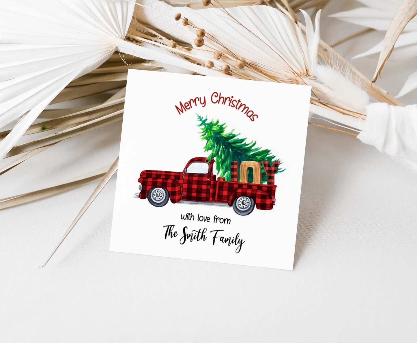 Red Truck Merry Christmas 2"x2" Tag | Editable Truck Christmas Gift Tag - 112