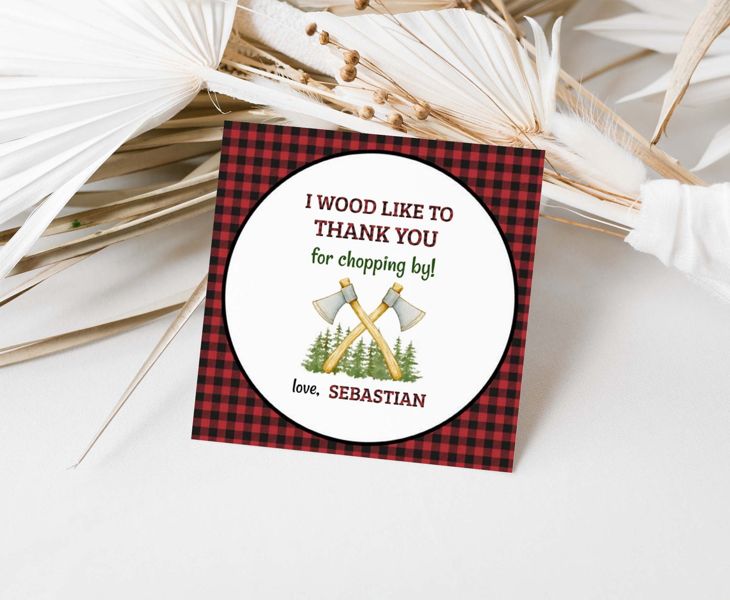 Editable Lumberjack Thank You Tags 2"x2" Round and Square | Lumberjack Birthday Party Decorations - 19A
