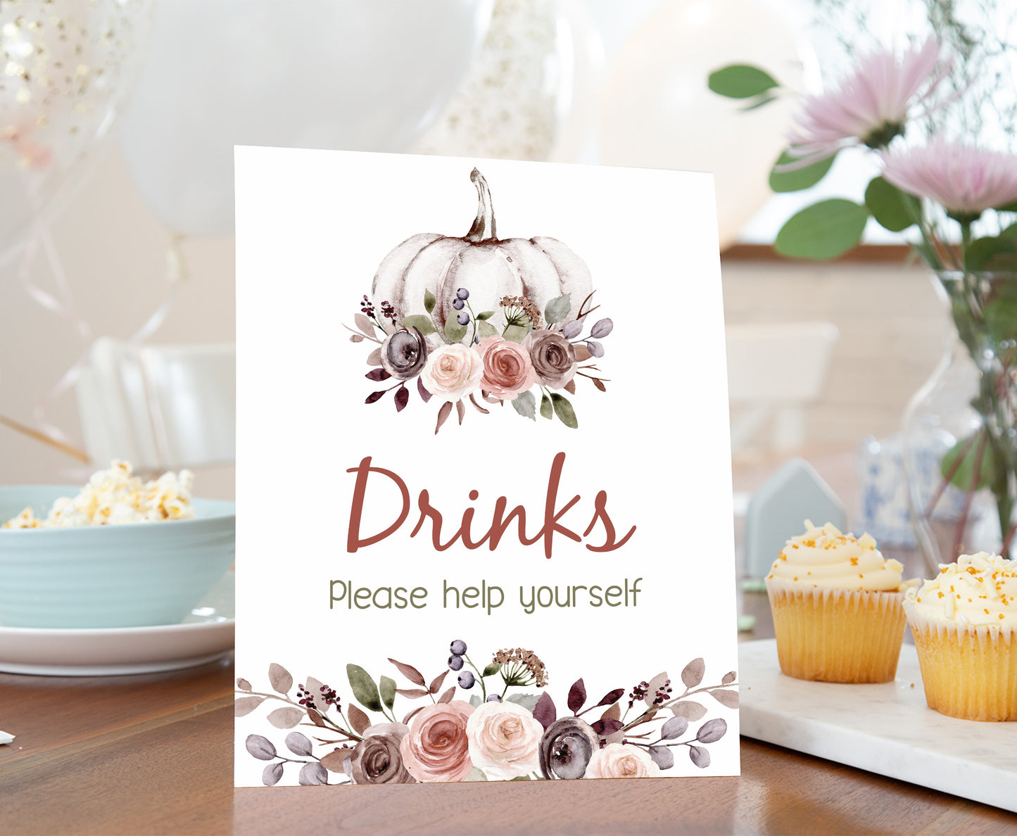Fall Drinks Sign | Pumpkin Themed Party Table Decorations - 30I