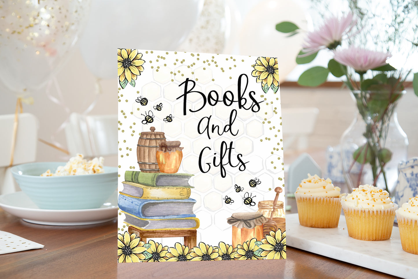 Bee Books and Gifs Sign Printable | Bee theme Baby Shower Table Decoration - 61A
