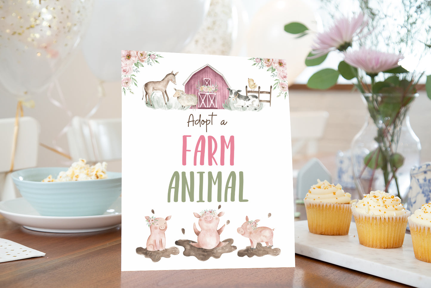 Floral Adopt a Farm Animal Sign | Girl Farm Party Decorations - 11B