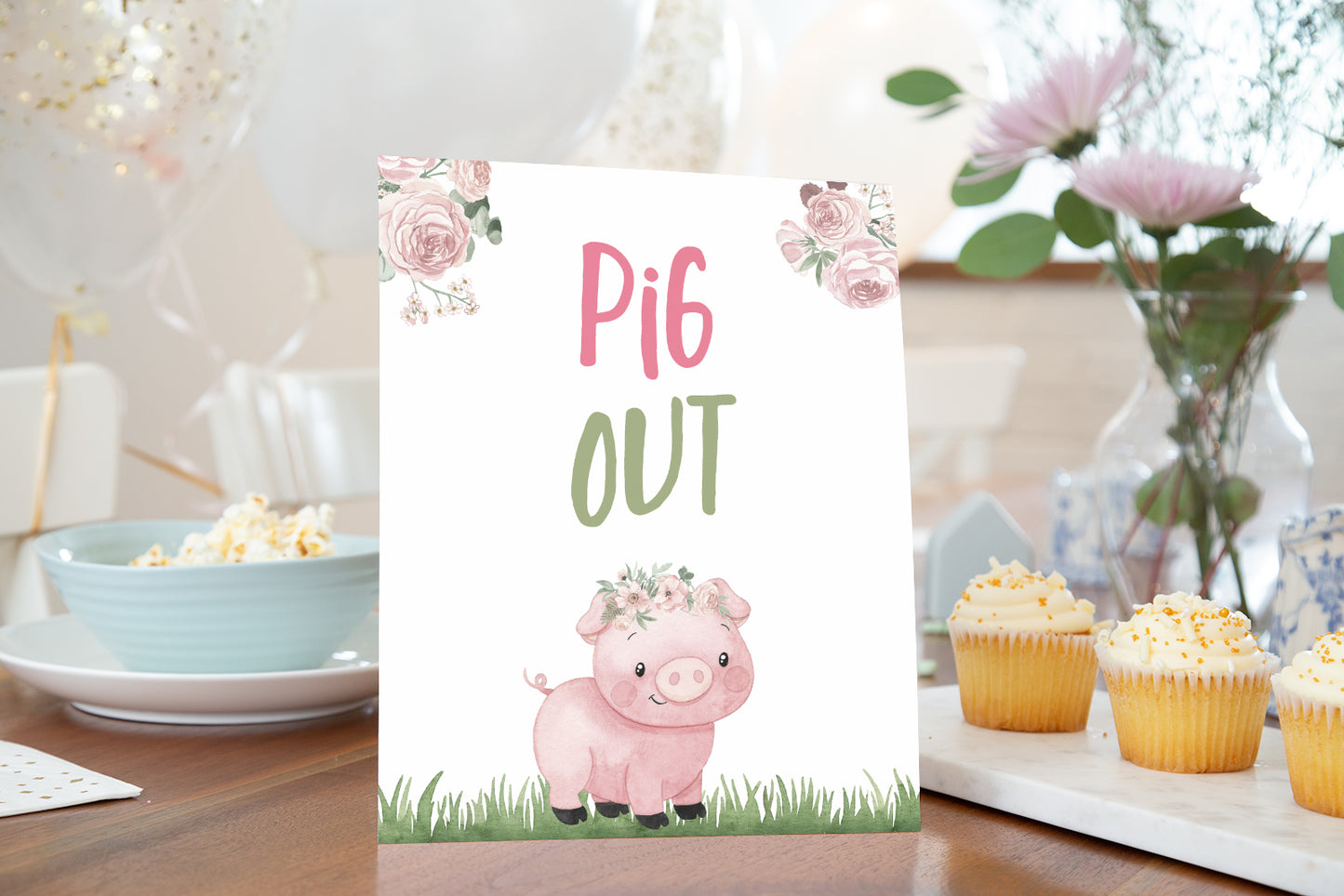 Floral Pig Out Sign Printable | Girl Farm Party Table Decoration - 11A
