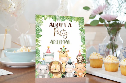 Safari Adopt an Animal Sign | Jungle Animals Party Table Decorations - 35E