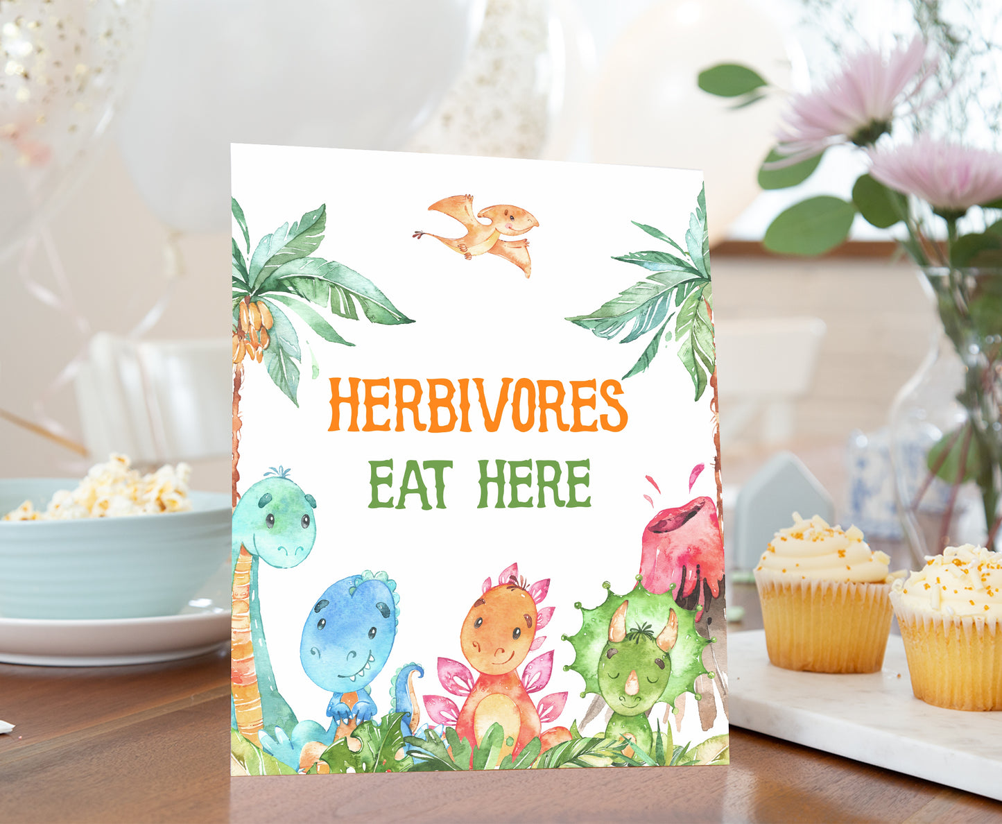 Dinosaur Herbivores Eat Here Sign | Dinosaur Themed Party Table Decorations - 08A
