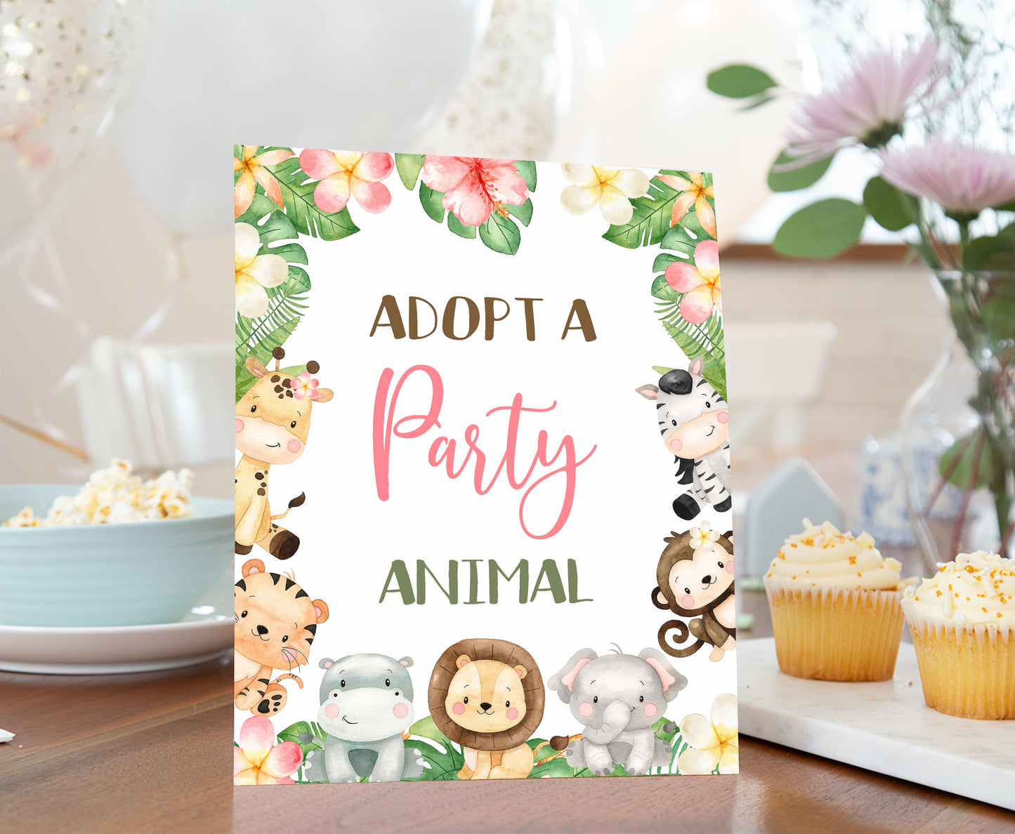 Safari Adopt an Animal Sign | Girl Jungle Animals Party Table Decorations - 35E