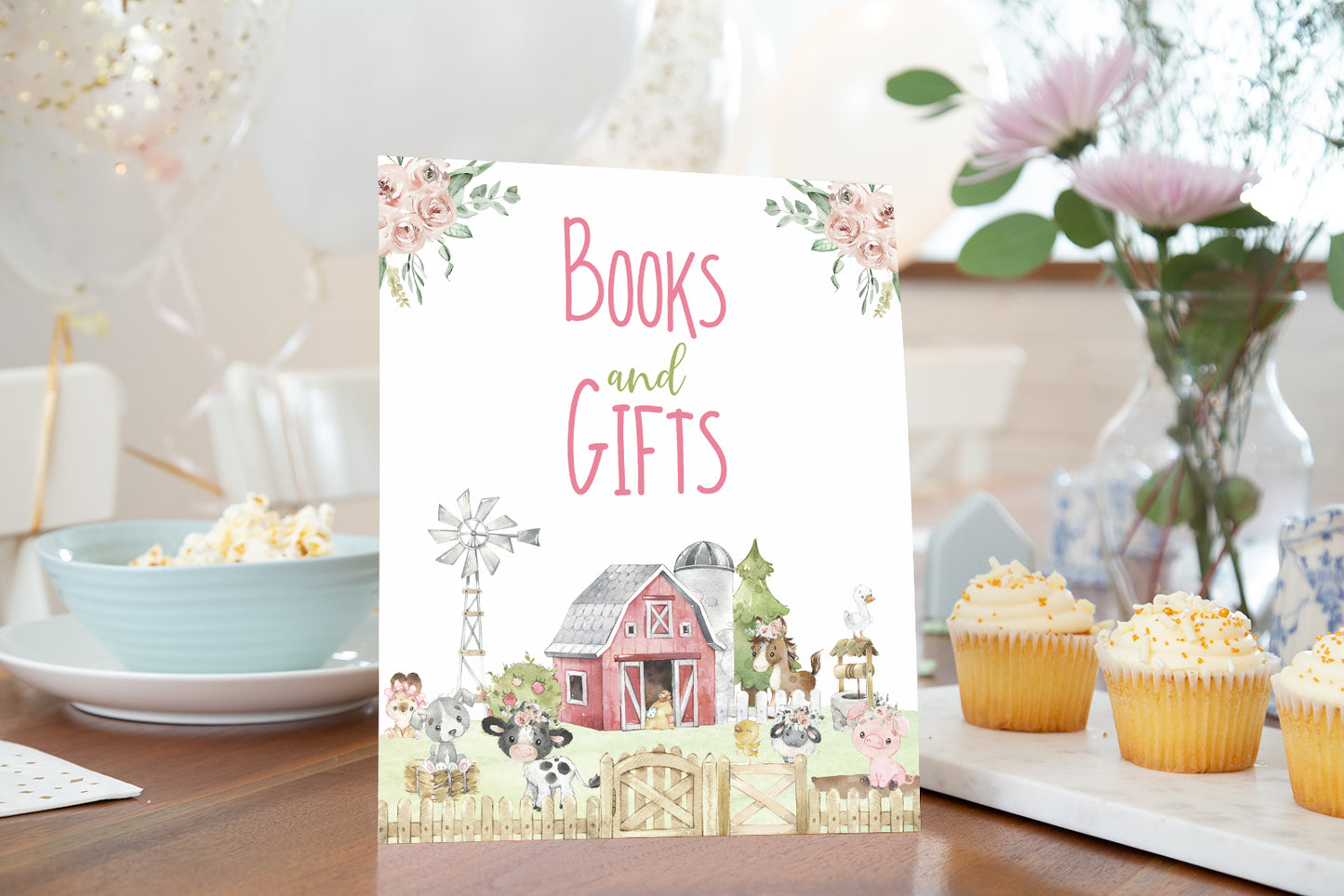 Books and Gifts Sign Printable | Pink Farm Baby Shower Decorations - 11C1
