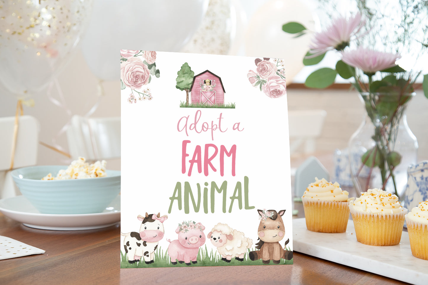 Adopt a farm animals Sign Printable | Girl Farm Party Table Decoration - 11A