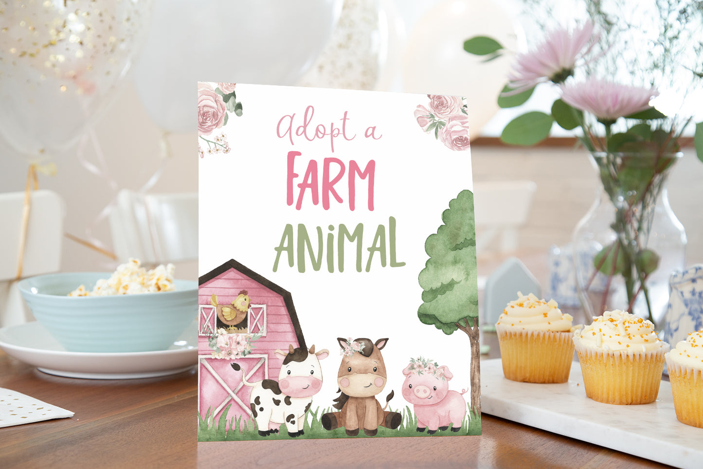 Adopt a farm animals Sign Printable | Floral Farm Party Table Decoration - 11A